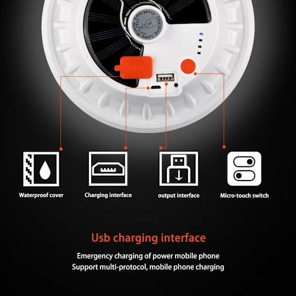 USB-oppladbar LED-solcellecampinglys med fjernkontroll, 5 moduser vann