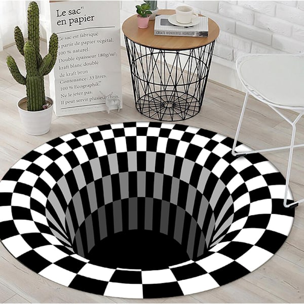 Svartvit rutat rund matta, 3D Vortex Illusion Carpet, 3D Vortex Rug Sovrum Vardagsrum, 80cm