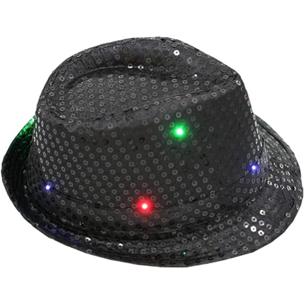 LED Fedora Hat Jazz Hatter Sequin Party Hatter Topplue for Festkostyme, svart