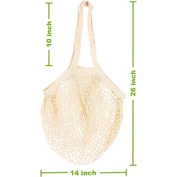 [2 Pakke] Premium Mesh Bærenett, Gjenbrukbare Bærenett, Lange Håndtak Mesh Tote Bager, 100% Bomull Snørebånd Bager, Frukt Grønnsak Bager, Beige (Bærbar/Vaskbar/Holdbar)