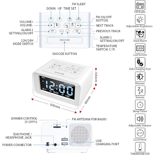 Klockradio med dubbla alarm, digital väckarklocka med 2 USB-laddningsportar, 0-100 % dimbar, justerbar volym, inomhus termometer (vit)