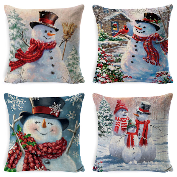 4pcs Christmas Pillow Case Cotton Linen Cushion Covers Cute Cartoon Pillow