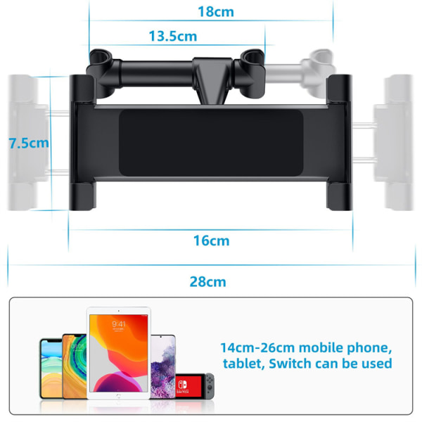 Auton päätuen pidike, tabletin päätuen pidike - pidike yhteensopiva iPad Pro Air Mini, Galaxy Tabs, muiden 4,7-10,5 tuuman matkapuhelinten ja tablettien kanssa - musta