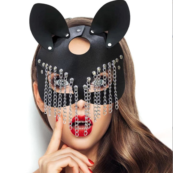 Black Leather Cat Woman Mask Cat Ears with Rivets Metal Tassel