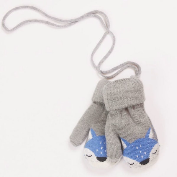 Baby Mittens Knitted Gloves Winter Gloves for Boy and Girl Cute Fox Pattern Warm Mitten with Rope Soft and Comfortable Anti-Shedding Double Layer Thermal Gloves for 3 Years Old Kids (Gray)