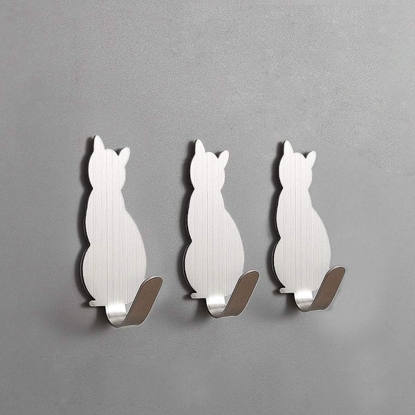 4 st självhäftande handdukskrokar badrockskrokar kreativa kattdekorationsväggkrokar i rostfritt stål handdukshållare klädkrokar för badrum kök (silver)