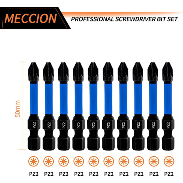 Professionell Pozidriv Skruvmejselbits Set 10st Längd 50mm PZ2 Magnetisk Im