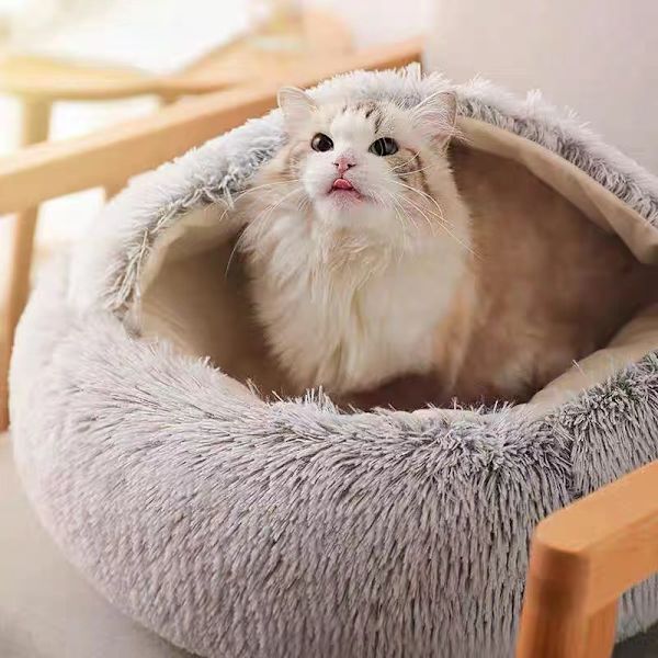 Lugnande säng för katter och små hundar, tvättbar kattsäng för husdjur, 50 cm rund fluffig munkformad kattsäng, mjuk och gosig säng för att sova inomhus