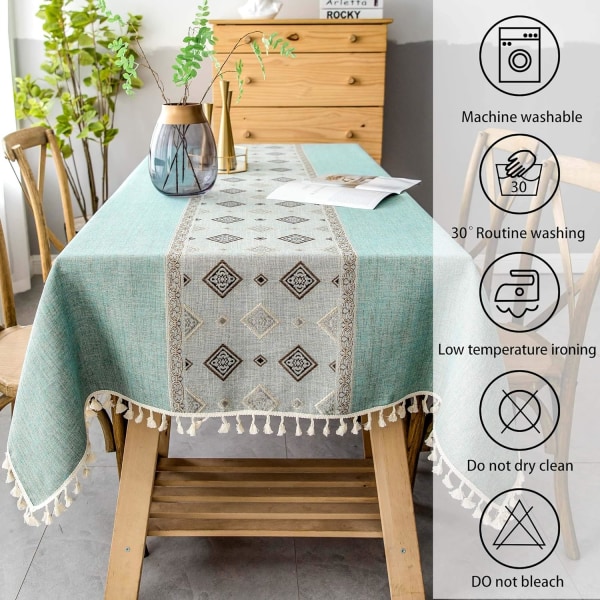 Linne och bomull rektangulär duk, fyrkantig stygn tofsformad rektangulär duk tvättbar duk för kök matbord (140x180cm)