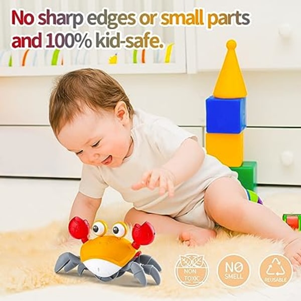 Baby krabbaleksak har musik och LED-lampor, toddler med automatisk avkänning för att undvika hinder, leksak för intellektuell utveckling (gul)