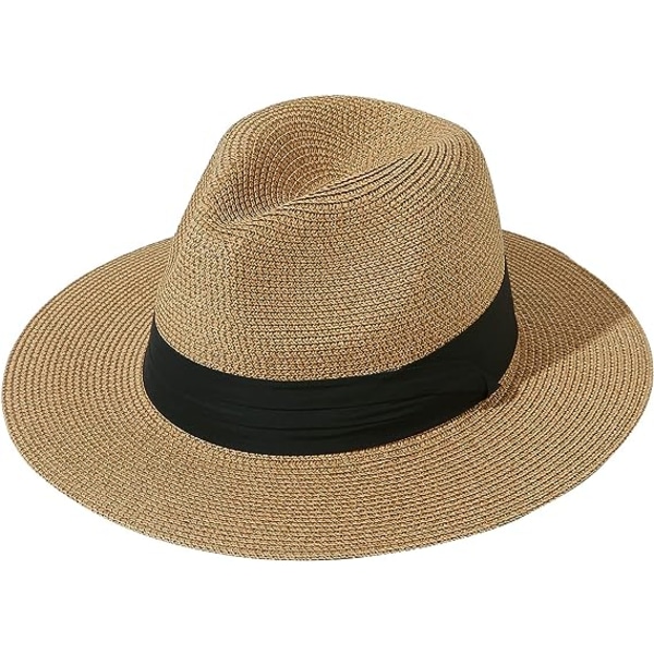 Womens UPF50 Foldable Summer Straw Hat Wide Brim Fedora Sun Beach