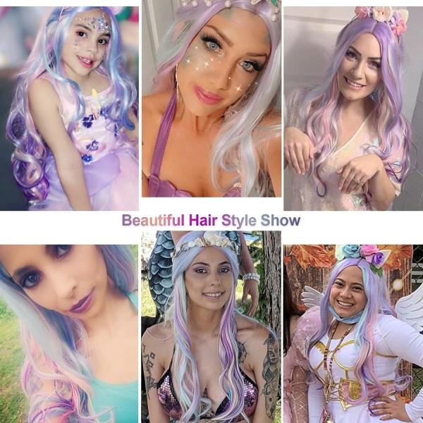 Full Long Curly Wavy Rainbow Hair Wig for Music Festival, Theme P