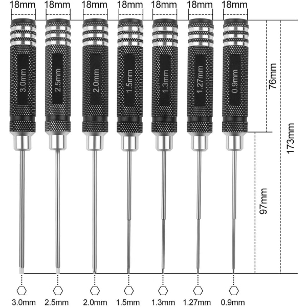 7-delad insexskruvmejsel, RC-skruvmejselverktygssats (0,9 mm 1,27 mm 1,3 mm 1,5 mm 2,0 mm 2,5 mm 3,0 mm) för RC-modellhelikopter