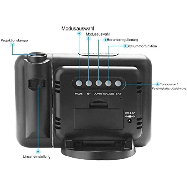 Projektionsvækkeur Loft Projektionsvækkeur Digitalt vækkeur Projektionsvækkeur Digitalt LED-vækkeur med LCD-tidsstation Temperatur og dato 12&24h USB-opladning til soveværelse Kontor Køkken Sort