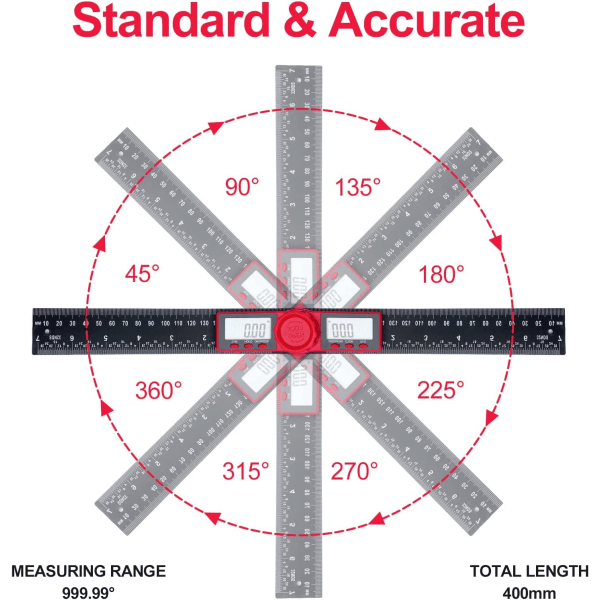 360 graders dobbelt skala digital vinkelmåler, 200 mm vinkel lineal