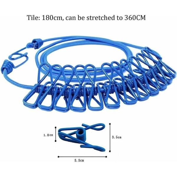 4 stk kleslinje, justerbar, sammenleggbar kleslinje, bærbar kleslinje, blå myk kleslinje med 12 klips