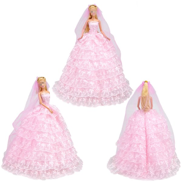 2st 30cm Barbie Doll Kläder Lyxigt Mode Nio Layers Bröllopsklänning (Vit+Rosa)