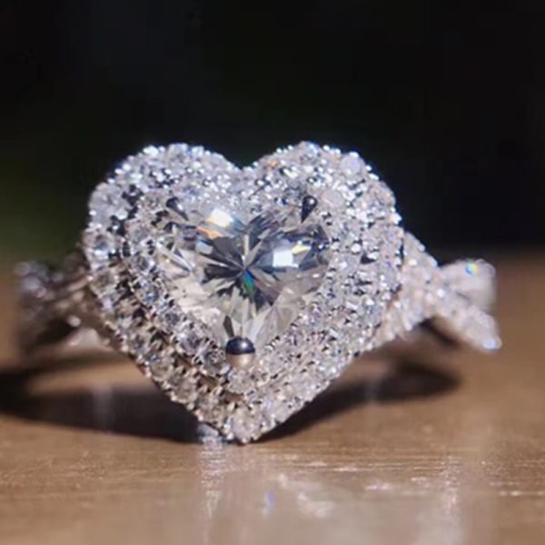 Heart Cut Cubic Zircon Bryllupssmykker Sølvbelagt Ring Kvinner,S