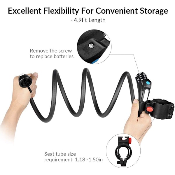 Vanntett sykkellås, 150 cm metallkabelås sykkellås multifunksjonell 4