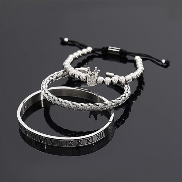 Rostfria armband för män, silverarmband för män, Imperial Crown herr armband set romerska siffror armband