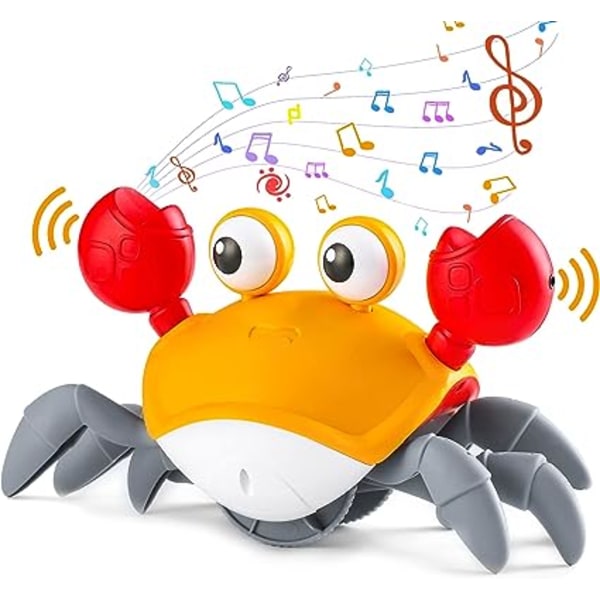Baby krabbaleksak har musik och LED-lampor, toddler med automatisk avkänning för att undvika hinder, leksak för intellektuell utveckling (gul)