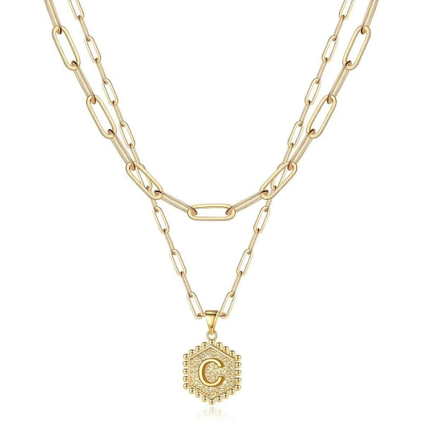 Flerskiktade halsband med initialer för kvinnor, 14K guldpläterad gemkedja