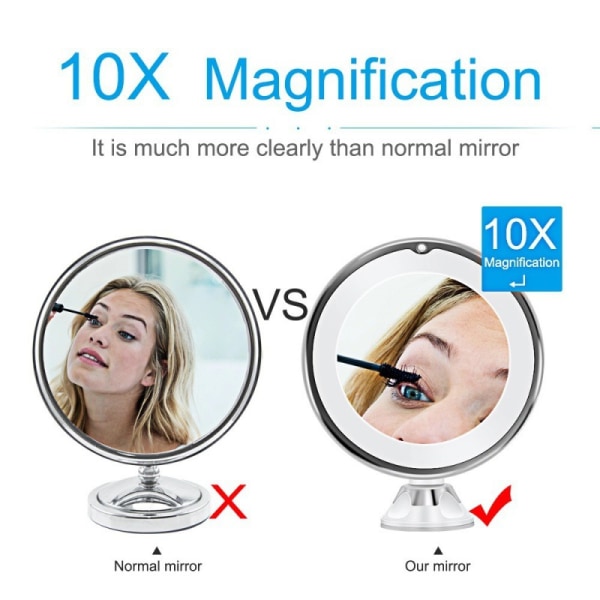 10x forstørrende makeup spejl, belyst spejl med sugekop 360
