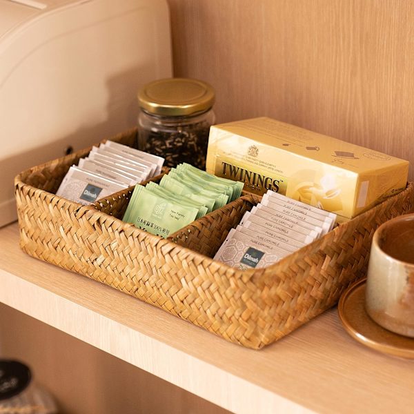 Rattan te-påshållare, kaffe/sockerpåseorganisatör, vävd delad