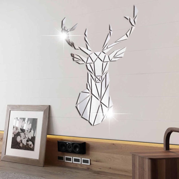 DIY 3D hjort spegel väggdekaler, för vardagsrum, akryl hjort väggdekaler dekaler sovrum TV soffa bakgrund väggkonst (43*26CM silver)