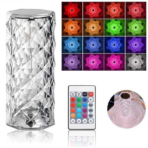 Diamant Krystal Bordslampe, 16 Farver USB Opladning Touch Lampe Seng