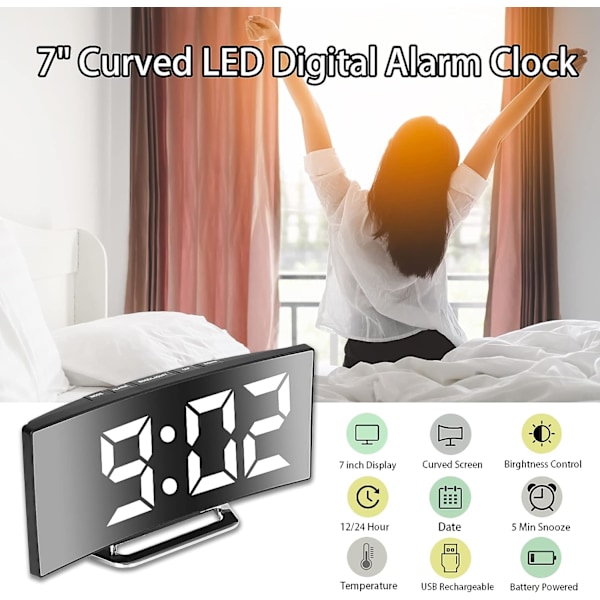 Digital väckarklocka för sovrum, 2 ljusstyrkor, 12/24H, temperatur, datum, nattlampa, snooze, USB-laddning och batteridrift (vit)