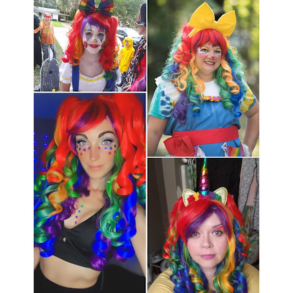 Lång lockig cosplay-peruk med 2 hästsvansar (regnbågsfärg)