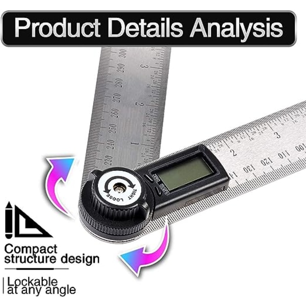 2 i 1 Digital Vinkelmåler Lineal, 200mm Rustfrit Stål Digital