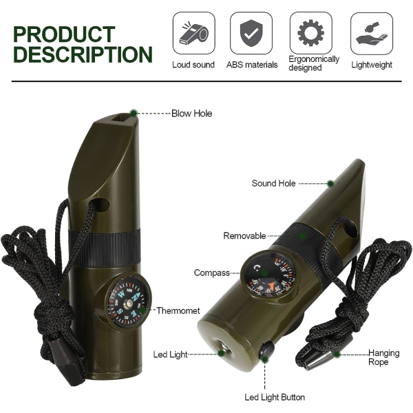 Överlevnadsvisselpipa, 7 i 1 nödvisselpipa, utomhus nödvisselpipa, kompass termometer ficklampa förstoringsglas med snöre