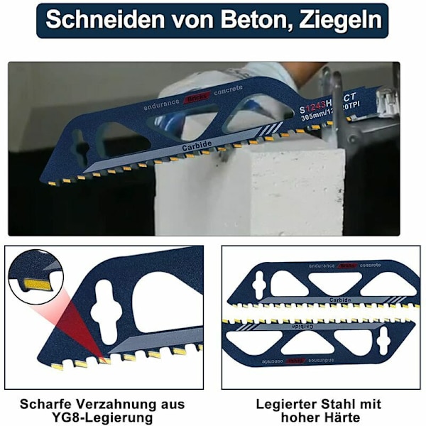 Tungstenkarbidstålblad för sticksåg för metall, trä, sten, sticksågstillbehör för luftbetong, tegel, betong, cementskiva, längd (305 mm (S1243HM))