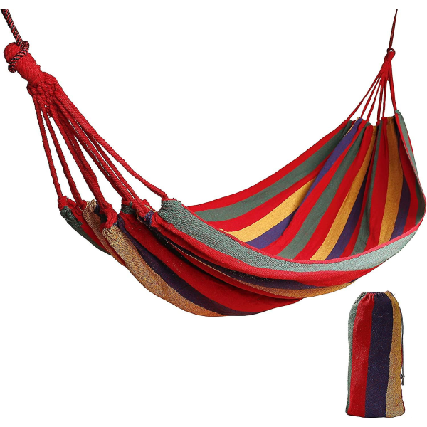 Hengekøye for reiser og camping, 1 person stor 190 * 80cm/ Pustende bomull/ Belastning 130kg Enkelt seng gynge i strand, uteplass, veranda, hengende hage (rød)