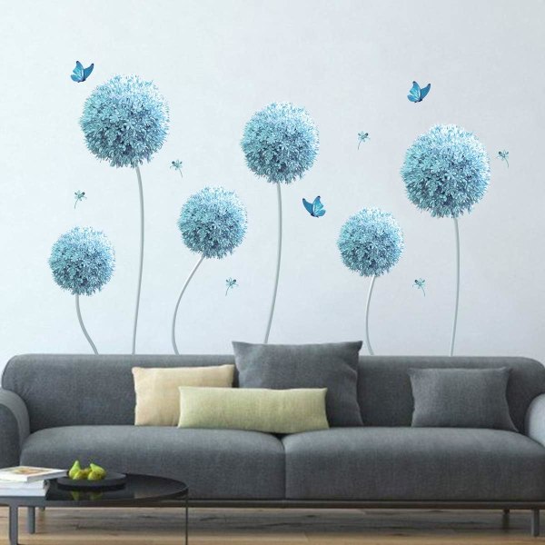 decalmile Blue Flowers -seinätarrat Voikukka ja perhosseinä