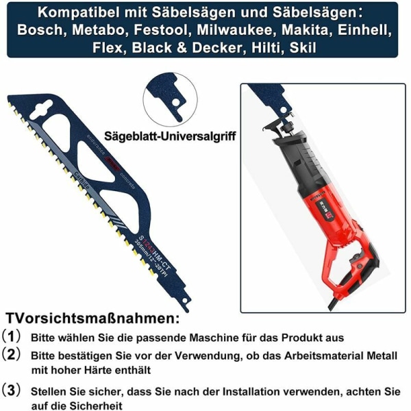 Tungstenkarbidstål sabelblad for metall, tre, stein, sabelbladtilbehør for gassbetong, murstein, betong, sementplate, lengde (305mm (S1243HM))