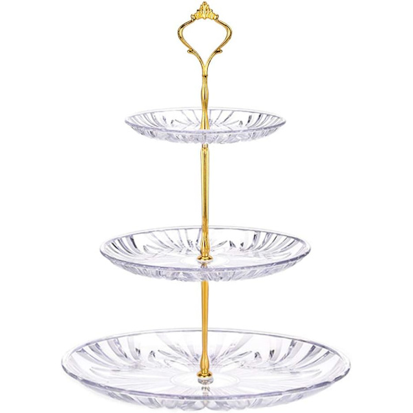 3-vånings kakställ, kakställ med metallstång, kakställ och dessertställ, transparent fruktställ för bröllop, födelsedagar, säkert och giftfritt