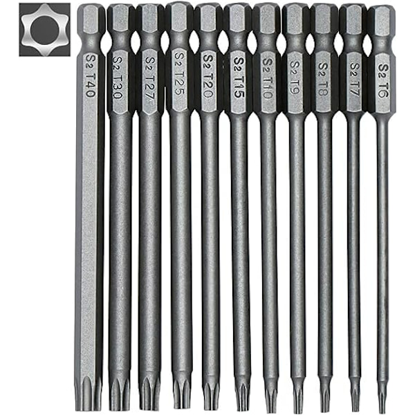 Sats med 11 långa Torx-bits för skruvmejslar och elektriska skruvdragare