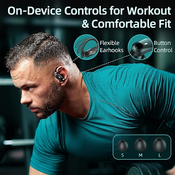 Bluetooth-hörlurar 5.3 Trådlösa Öronproppar 36 timmars speltid Trådlöst Laddningsfodral Digital LED-display Over-Ear Hörlurar med Öronkrok Vattentätt Headset med Mikrofon för Sport Löpning Träning Svart