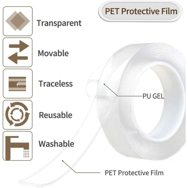 Nano Tape, Dobbeltsidig Tape Multifunksjonell Nano Sklisikker Transparent Sporløs Dobbeltsidig Gel Klar Tape Vaskbar Gjenbrukbar Limtape for Hjem 2MM3CM1M