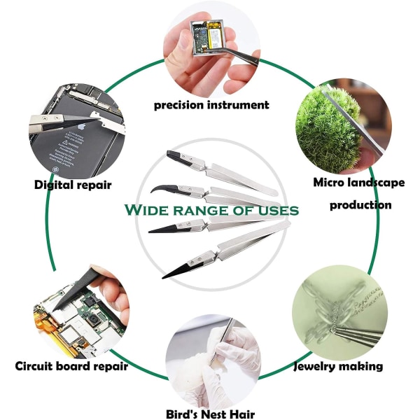 Antistatik pincet i rustfrit stål, pincet i plast til elektronik, professionel præcisionspincet, smykkepincet til hobby, håndværk, modelfremstilling, 4 stk.