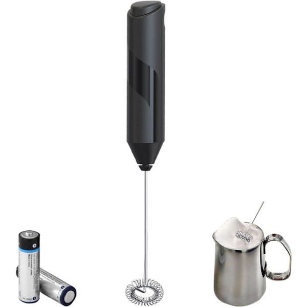 Elektrisk mjölkskummare, mini - omrörare med 14000 rpm motor, dryckesomrörare med rostfritt stål omrörare, 2 - AA-batteri (utan batteri), för kaffe, latte, cappuccino, varm choklad (svart)