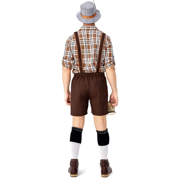 Traditionella ölfestivalkläder vuxna män tyska ölkläder hjort tryckt stor rutig khaki overall kostym M