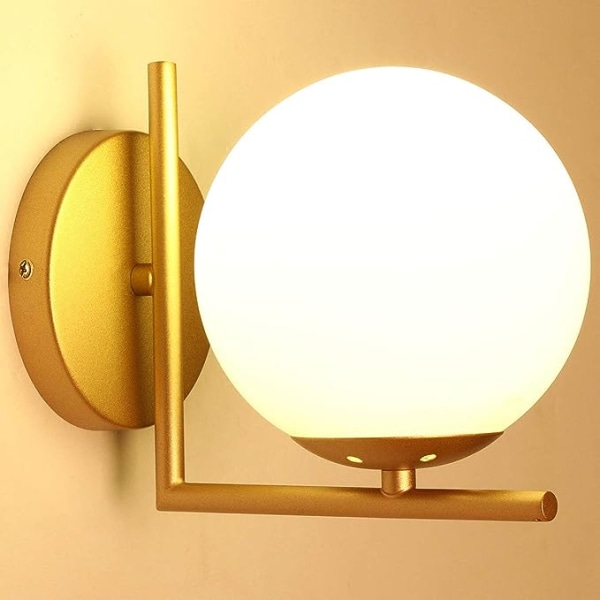 Vägglampa, White Glass Globe, Guld Vägglampa, Mid Century Mod