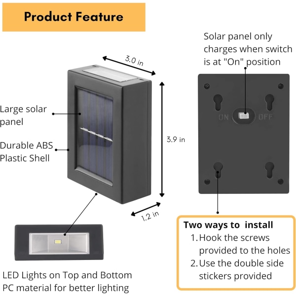 To sæt lyse LED-solvæg- og bundlamper, vandtætte udendørslamper, små udendørslamper, LED-lamper til gårdspladser, porte, hegn osv. (varm farve)