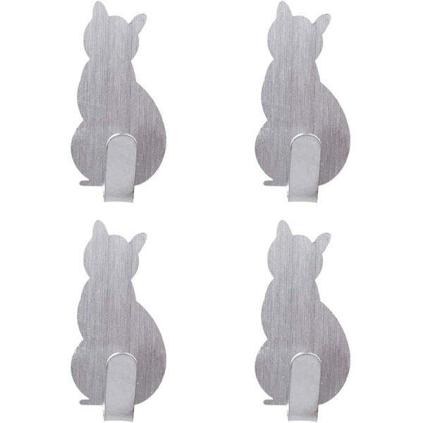 4 st självhäftande handdukskrokar badrockskrokar kreativa kattdekorationsväggkrokar i rostfritt stål handdukshållare klädkrokar för badrum kök (silver)