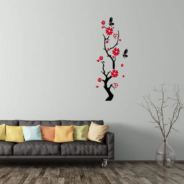 Plommonblomma 3D Akryl Väggklistermärke Nordisk Blomma DIY Väggklistermärke Spegel Bakgrund Väggdekoration Vardagsrum Sovrum Väggbakgrund (Svart Röd)