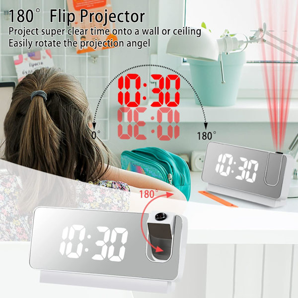 Digital projektionsväckarklocka för sovrum LED-väckarklocka för sovrum med USB-laddningsport, 12/24H, DST, snooze, spegel LED högljudd väckarklocka (svart)